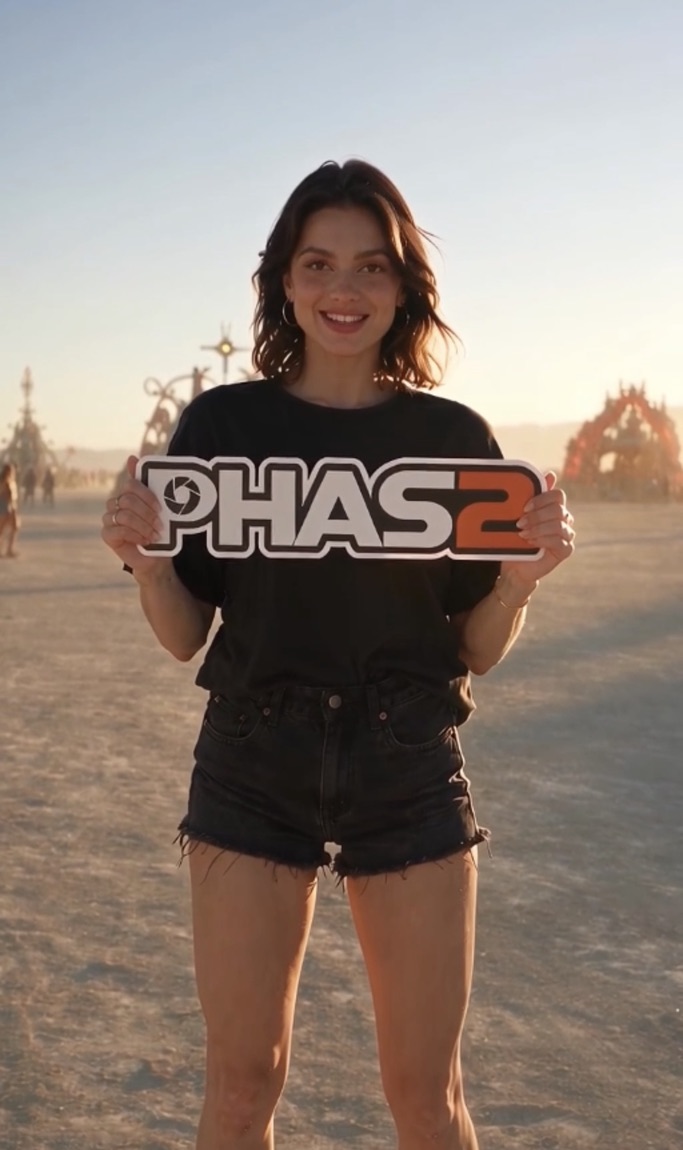Person holding a PHAS2 sign in a sunlit outdoor setting